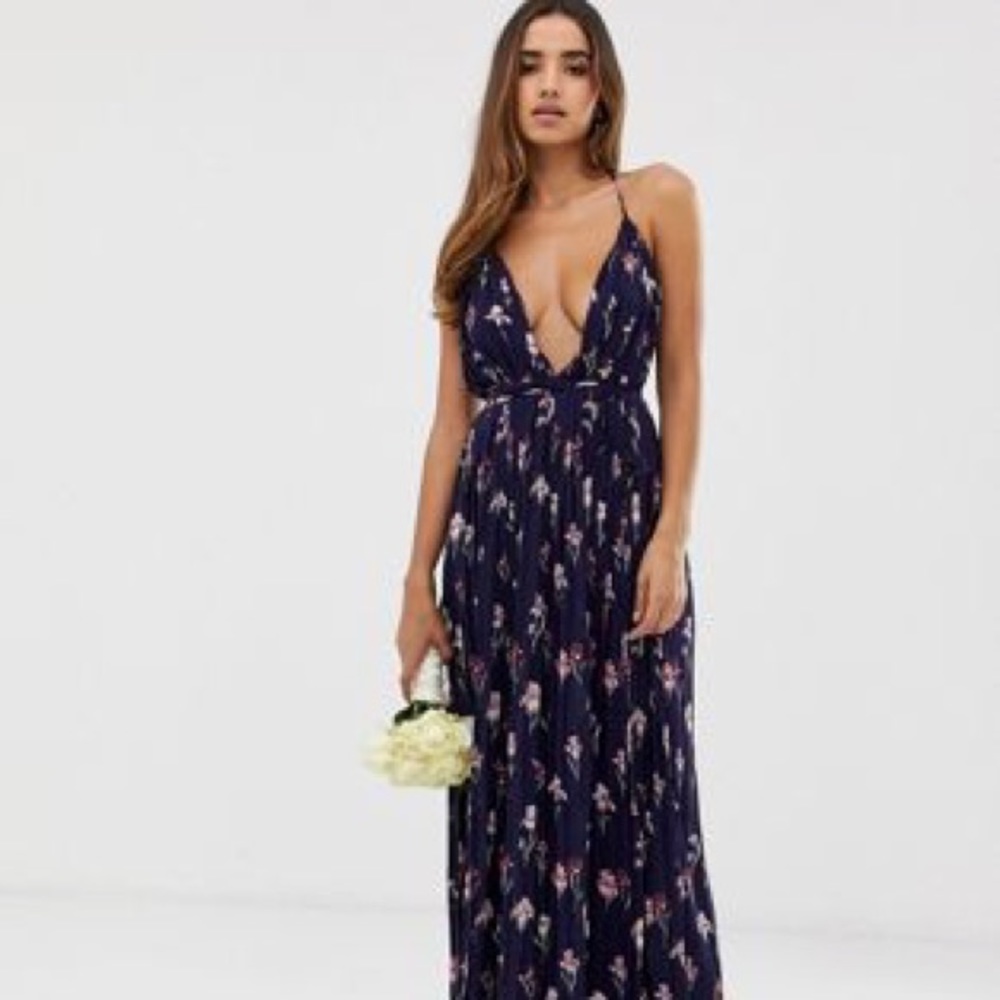 Missguided pleated plunge maxi dress (navy floral)
